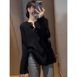 黑色半开领软糯针织衫毛衣女款2025新款冬季中长款上衣遮屁股洋气