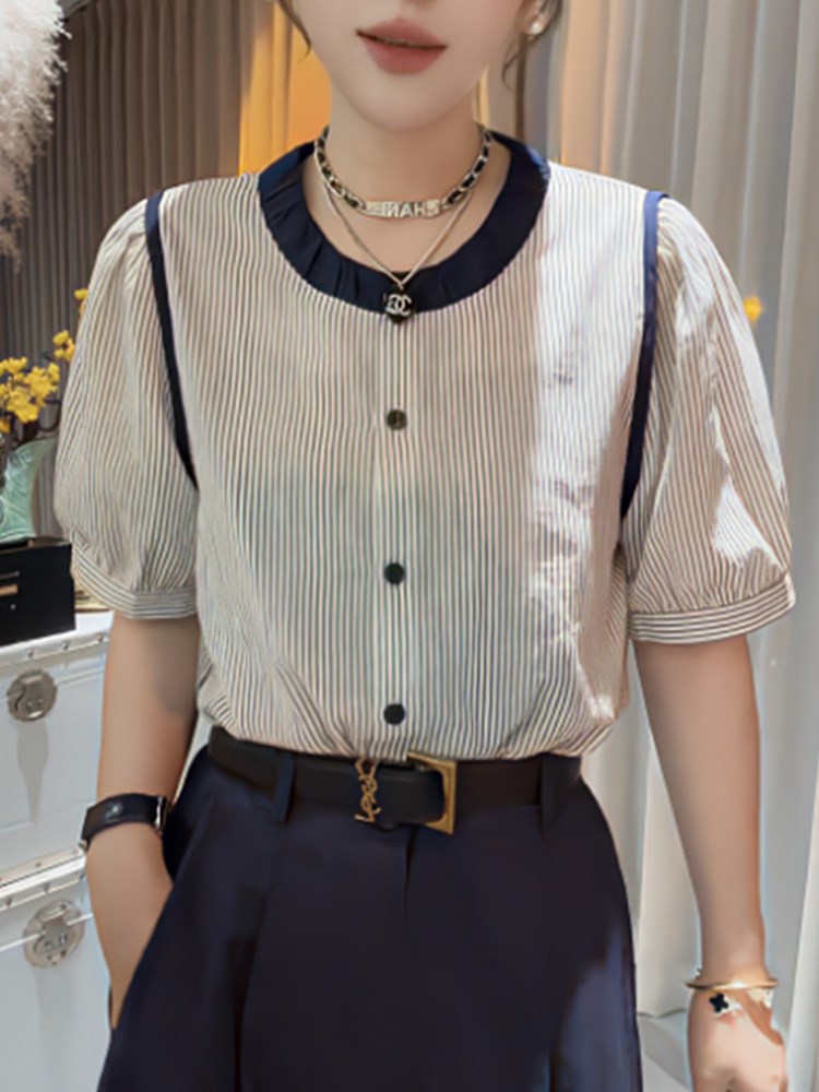 欧洲站时尚拼色圆领泡泡袖条纹衬衫女夏季新款设计感别致显瘦衬衣