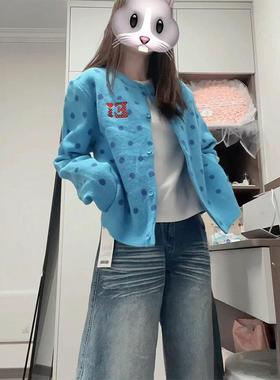 美式复古蓝色波点开衫毛衣外套女秋冬短款小个子软糯针织衫慵懒风