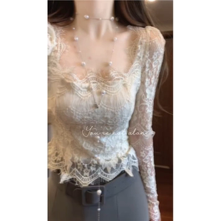 纯欲辣妹性感方领蕾丝打底衫女秋季新款内搭外穿修身显瘦长袖上衣