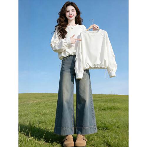 白色抽绳下摆拼接长袖T恤