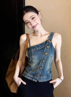 港风复古蓝色牛仔吊带外穿女2026夏季超火小众不撞款背心无袖上衣