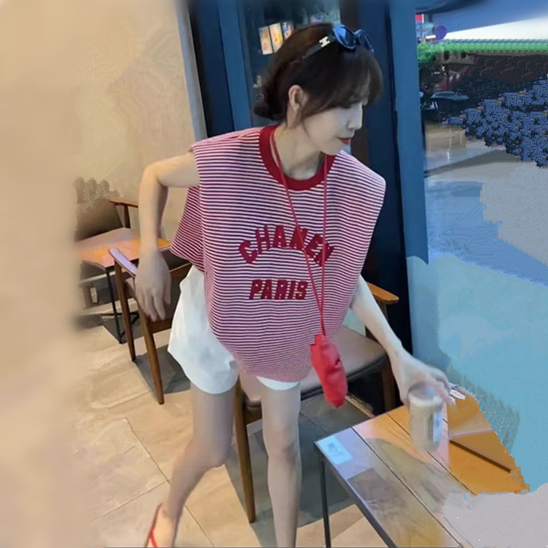 条纹t恤休闲字母无袖背心