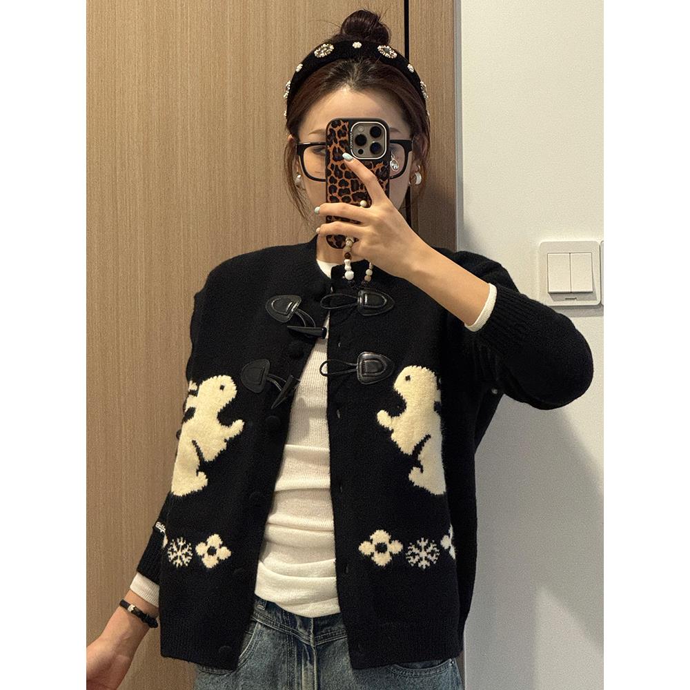 美式甜美可爱兔子polo领毛衣女春秋新款慵懒风宽松纽扣开衫上衣潮