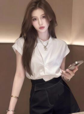 白色短袖衬衫女款2026新款夏季女士不规则法式小资漂亮衬衣上衣服