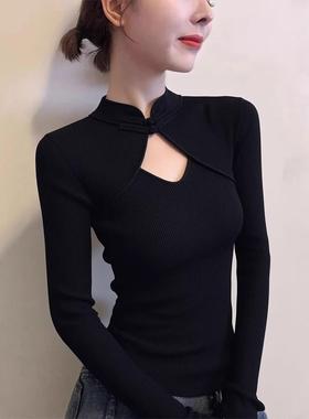 新中式黑色立领盘扣长袖针织衫女秋季2025新款收腰设计感显瘦上衣