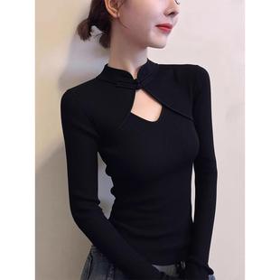 2025新款 新中式 女秋季 针织衫 收腰设计感显瘦上衣 黑色立领盘扣长袖