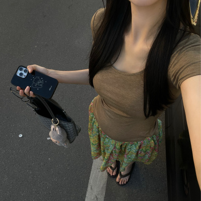 鱼叁 莱赛尔正肩大领t清凉薄感橄榄绿短袖上衣慵懒收腰短袖t恤女