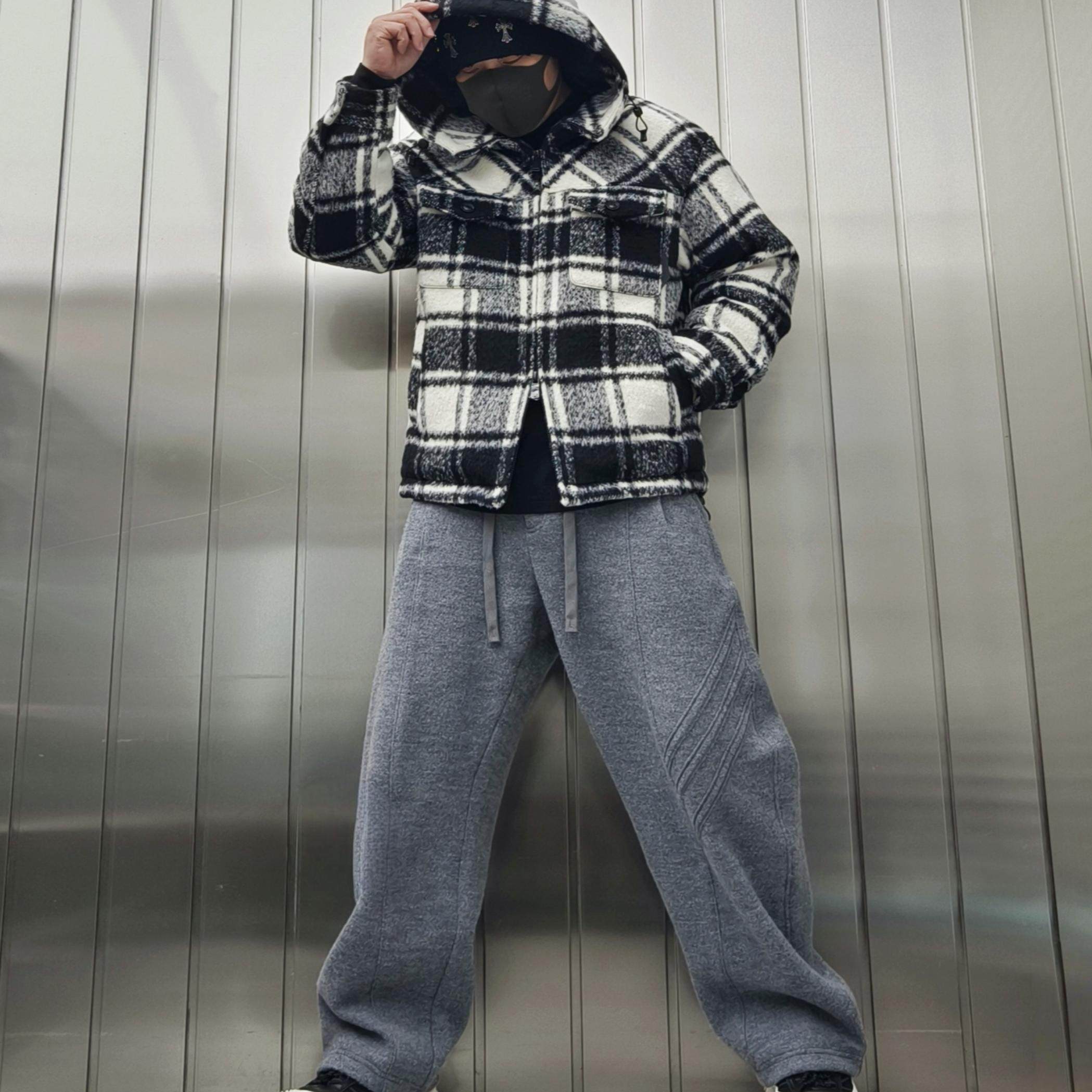潮牌连帽日常常规格子羽绒服