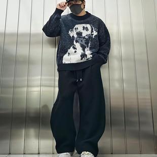 KB卡万帮潮牌冬季圆领针织毛衣男女款宽松加厚慵懒风狗狗字母提花