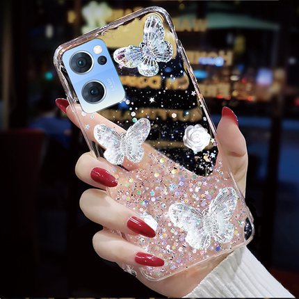 奢华透明滴胶玫瑰蝶碟适用OPPO RENO7手机壳reon7se新款0ppo网红ren06可爱ren5保护套壳Pro十+小清新5k潮牌op