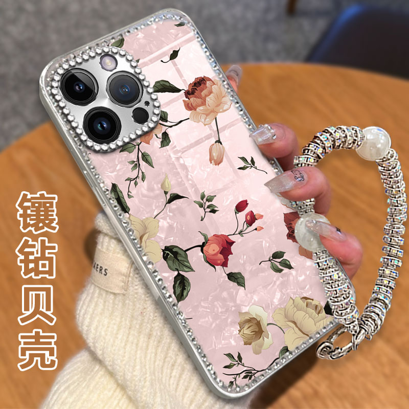 水钻镶钻贝壳纹适用苹果iPhone14ProMax手机壳新款6s/2025年12高级感SE(第三代)网红15Pro全包13保护套11女款