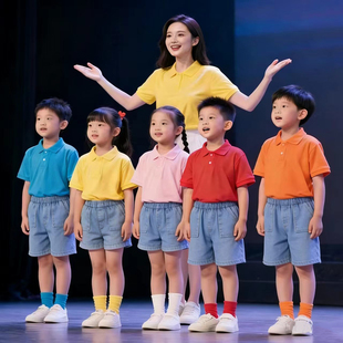 六一儿童演出服POLO衫糖果彩色t恤男女孩幼儿园毕业季表演服套装