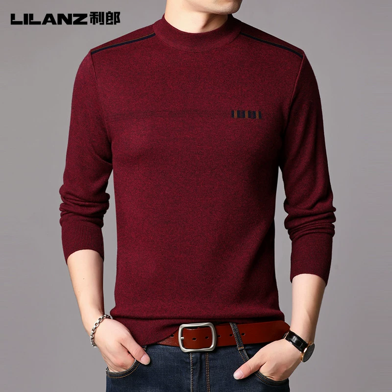 Lilang mùa thu và mùa đông nam áo len cổ tròn giản dị nam trung niên và áo len cashmere trẻ trung màu rắn dệt kim đáy áo sơ mi nam - Áo len