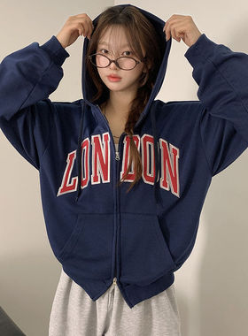 时尚起义韩国甜酷2026春london刺绣字母连帽拉链外套tp26021415