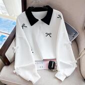 洋气时髦学院风撞色上衣 polo领蝴蝶结刺绣春秋款 女童卫衣春季 新款