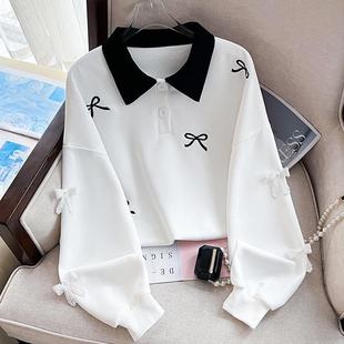 女童卫衣春季新款polo领蝴蝶结刺绣春秋款洋气时髦学院风撞色上衣