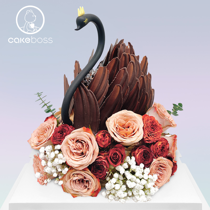 cakeboss双层黑色天鹅鲜花蛋糕