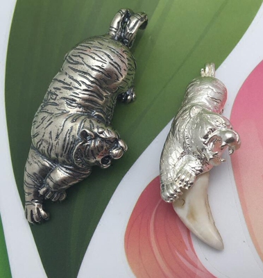 纯银霸气风生肖狼牙包银套吊坠