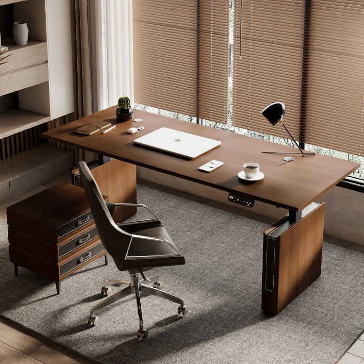 黑胡桃木色实木电动升降桌电脑桌站桌子办公桌书桌站立学习桌