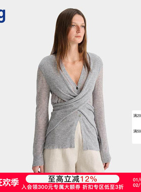 【DEEPMOSS】hug 2025早春新款松灰色闪葱交叠V领水溶羊毛上衣