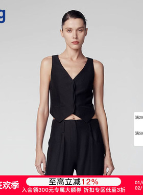 【HERSENSES】hug 2025何识早春新款黑色V领亚麻混纺梭织马夹修身