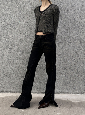 【Y PROJECT 设计师品牌】hug 新款侧边拉扣微喇修身黑色牛仔裤女