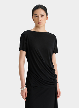 【DEEPMOSS】hug 2025春夏新款雾黑色弹力斜裁荡褶上衣