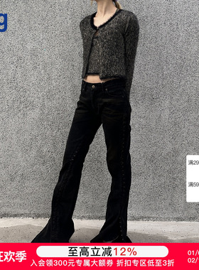 【Y PROJECT 设计师品牌】hug 新款侧边拉扣微喇修身黑色牛仔裤女