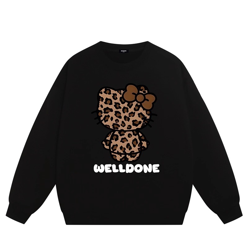 WE11DONE CDG*25AW美式潮牌豹纹猫印花情侣重磅宽松加绒圆领卫衣