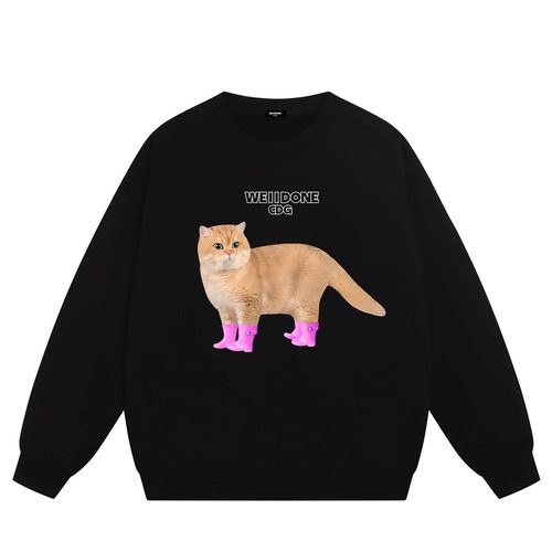 WE11DONE CDG*25AW美式潮牌小猫印花情侣款重磅宽松加绒圆领卫衣