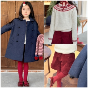 儿童新年战衣套装女童费尔岛羊毛毛衣红色灯芯绒短裤藏青夹棉大衣