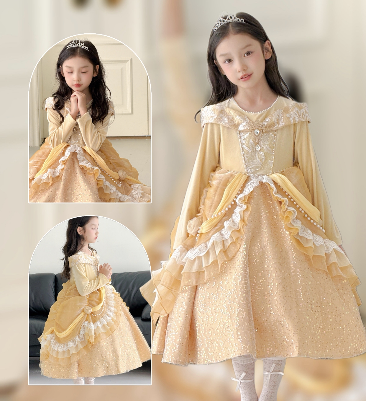 儿童秋冬连衣裙女童复古宫廷风蕾丝花边蛋糕裙黄色丝绒礼服公主裙