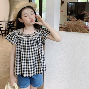 26SS夏季女童法式手工打揽黑白格子一字肩娃娃衫宽松衬衫上衣