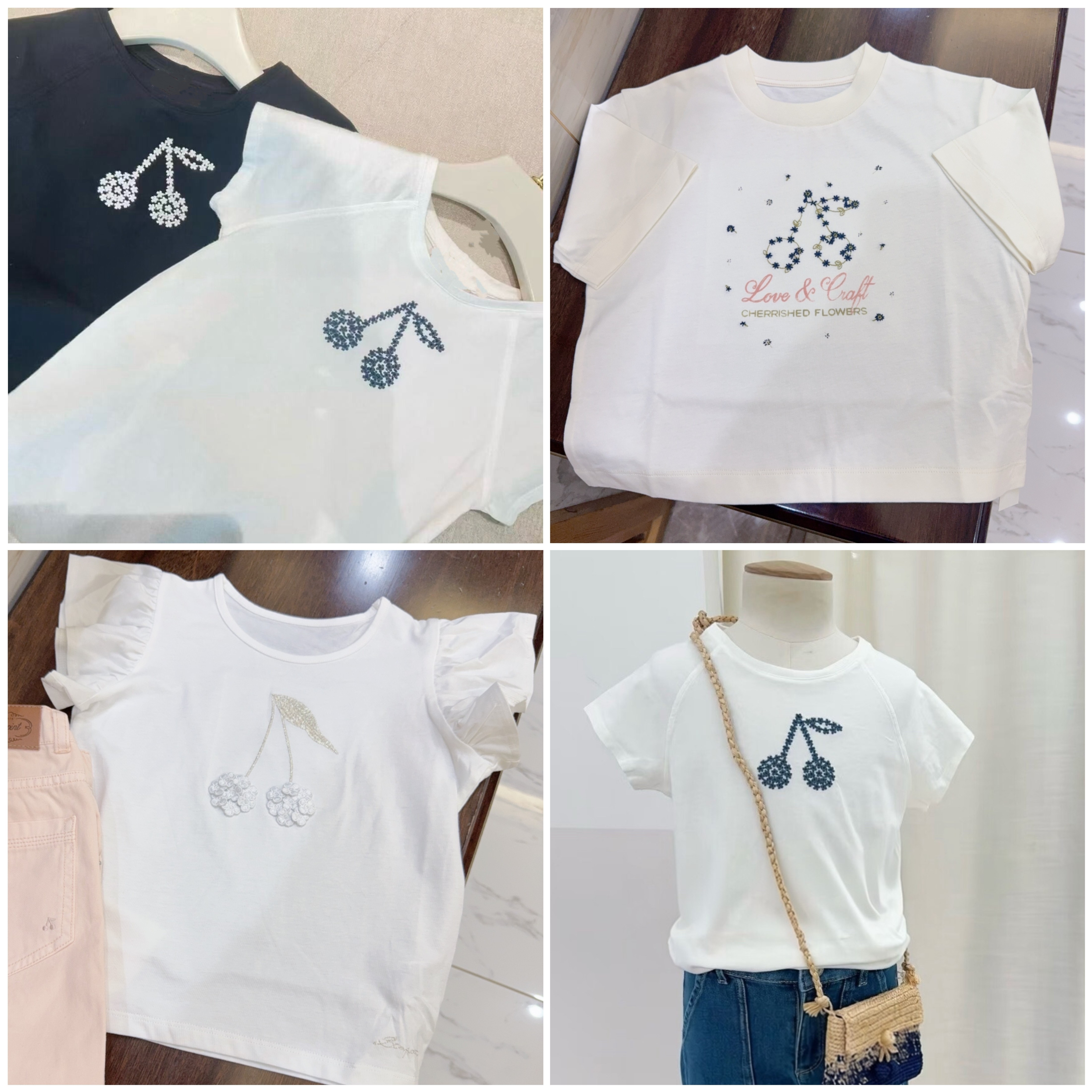 26SS夏季新款女童法式小清新樱桃刺绣立体樱桃印花圆领短袖T恤