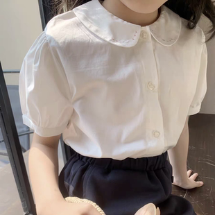 日系夏季女童学院风泡泡袖粉色爱心点点刺绣白色短袖衬衫上衣