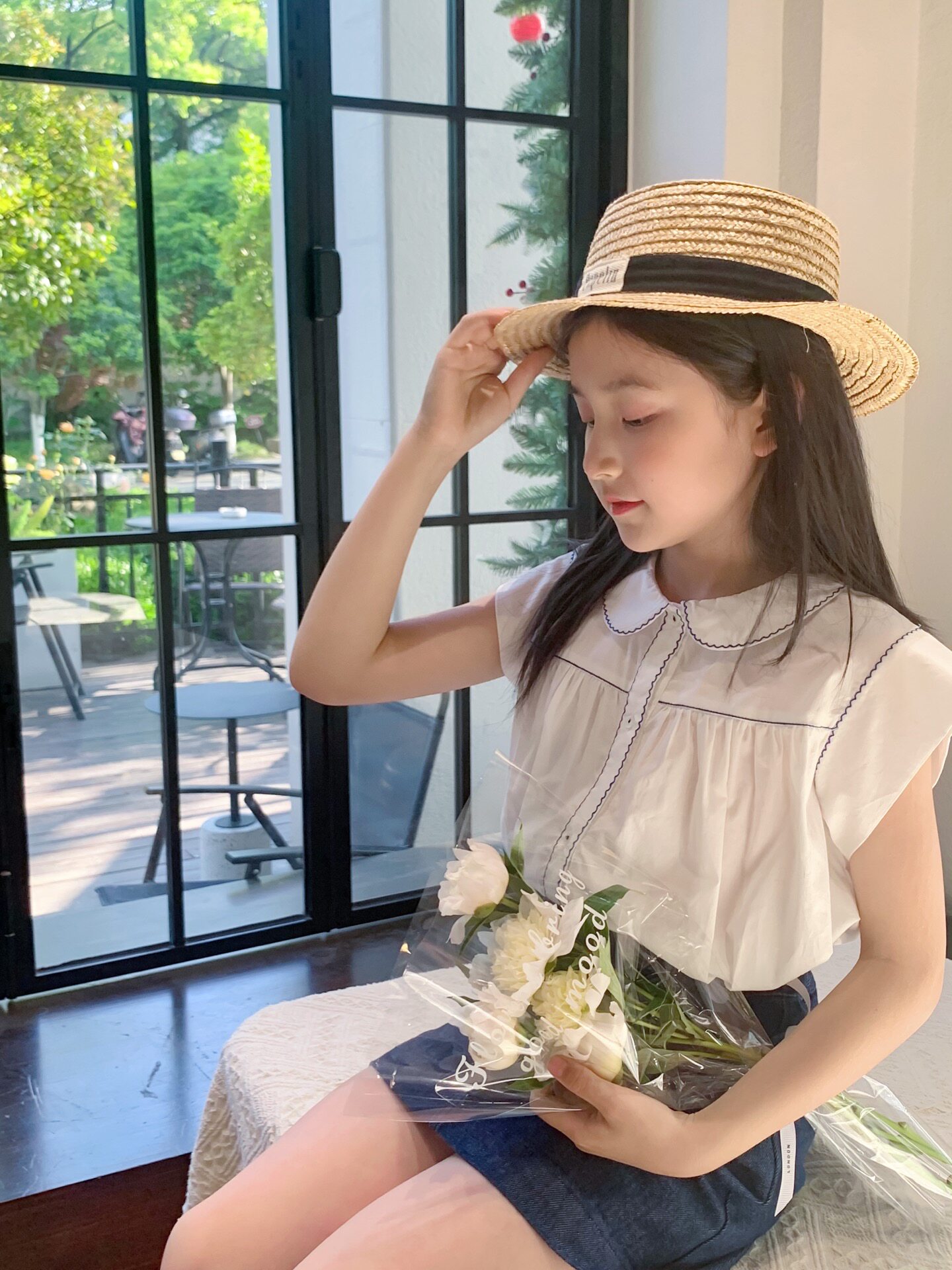 25夏季新款 女童学院风法式刺绣波浪领飞袖小衬衫牛仔半身裙套装