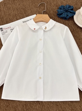 日系皇室 春秋女童学院风熊熊刺绣翻领百搭款白色打底衫衬衫上衣