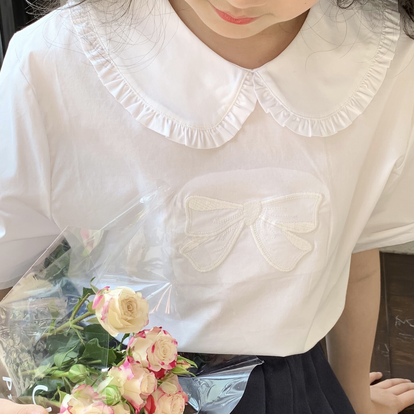 夏季新品日系皇室女童学院风大蝴蝶结刺绣娃娃领白色短袖衬衫上衣