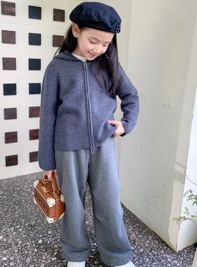 秋冬新款童装女童休闲宽松连帽灰色羊毛针织开衫外套 直筒运动裤