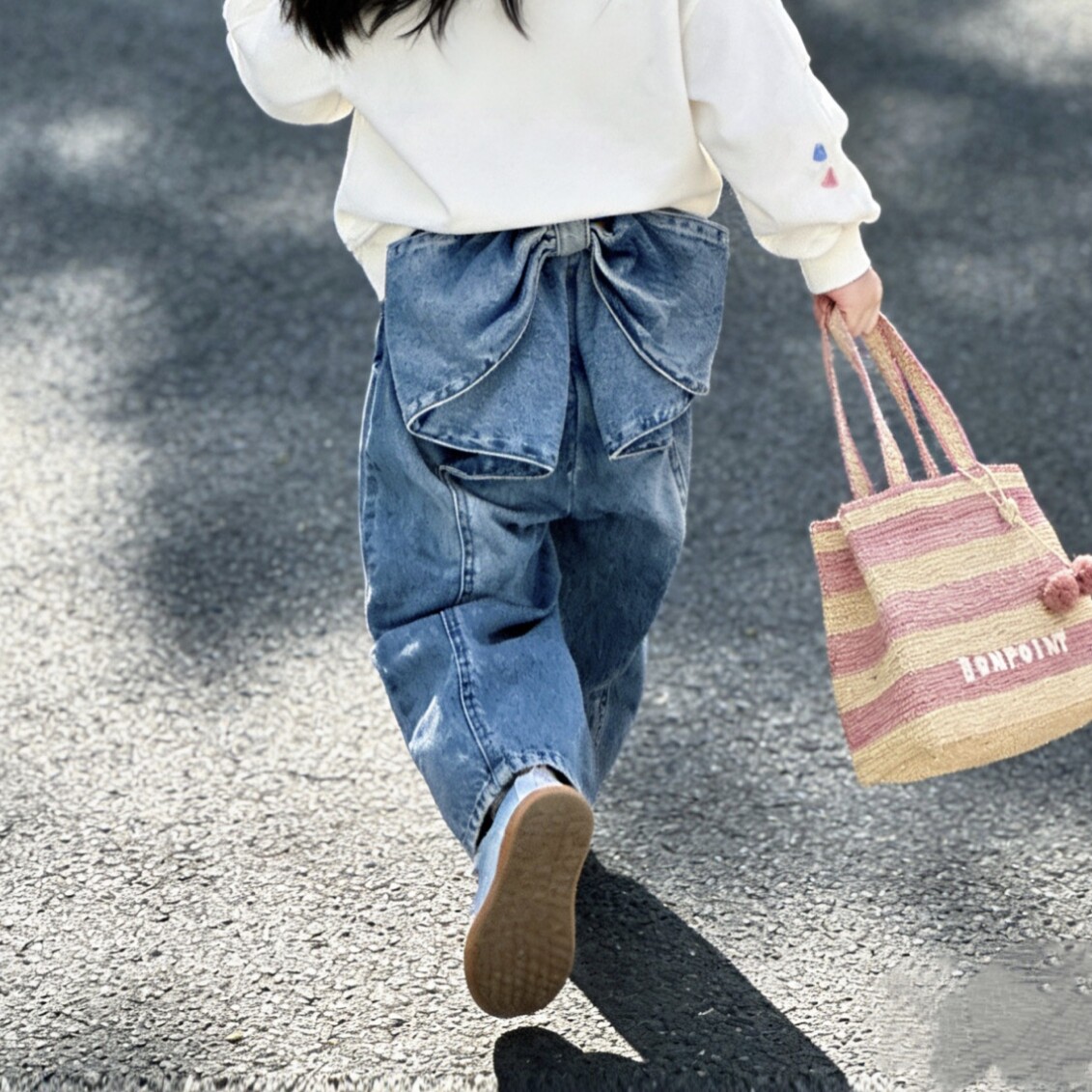 春夏儿童新款女童韩版甜美可爱大蝴蝶结牛仔裤直筒阔腿裤长裤