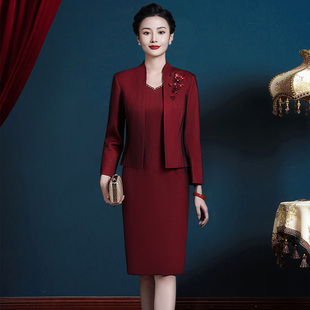 婚礼妈妈礼服冬季加厚年轻款丈母娘婚宴装长袖时尚高端套装连衣裙