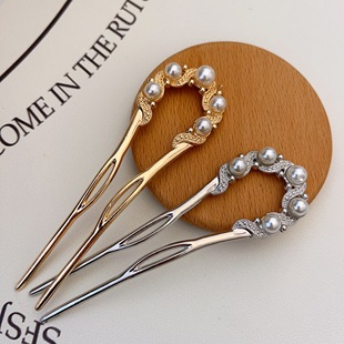 国风珍珠盘龙金属U形发簪高级感优雅后脑勺丸子头发钗盘发簪子