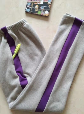 校服裤子加绒加厚中小学生浅灰色宽紫杠纯棉直筒长裤运动裤休闲定