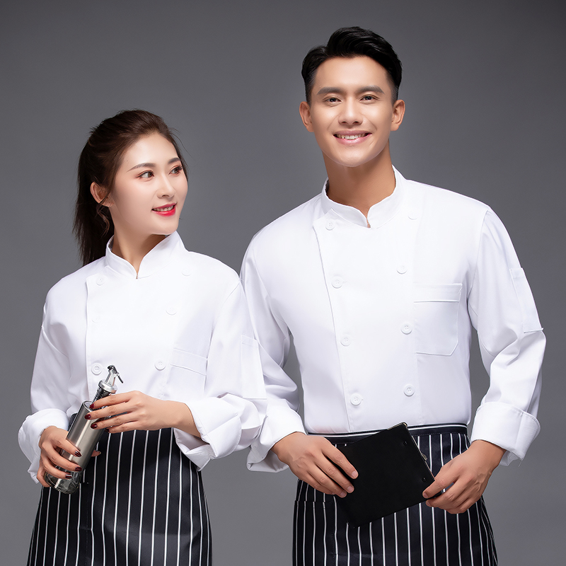 厨师工作服餐厅长袖男女秋冬烘焙酒店后厨房工衣纯色双排扣厨师服