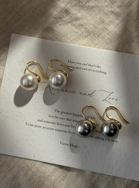 施家正圆强光真多麻澳白珍珠耳环设计感高跟鞋耳钩耳钉耳饰女气质