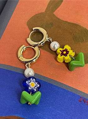 AIDO自制欧阳娜娜琉璃花朵珍珠耳环女夏ins小众设计圆圈耳夹