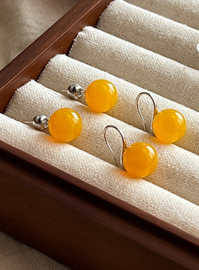 新中式国风黄色蜜蜡玛瑙耳钉2024新款爆款耳饰复古高级感耳环耳夹