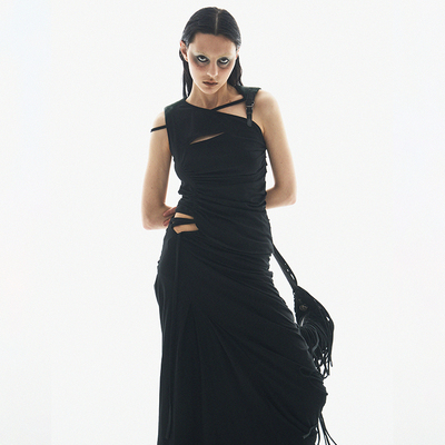 镂空褶皱可调节拼色无袖背心