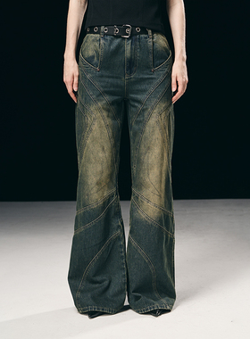 BORON ATOMS 拼接线条微喇水洗牛仔裤宽松百搭长裤